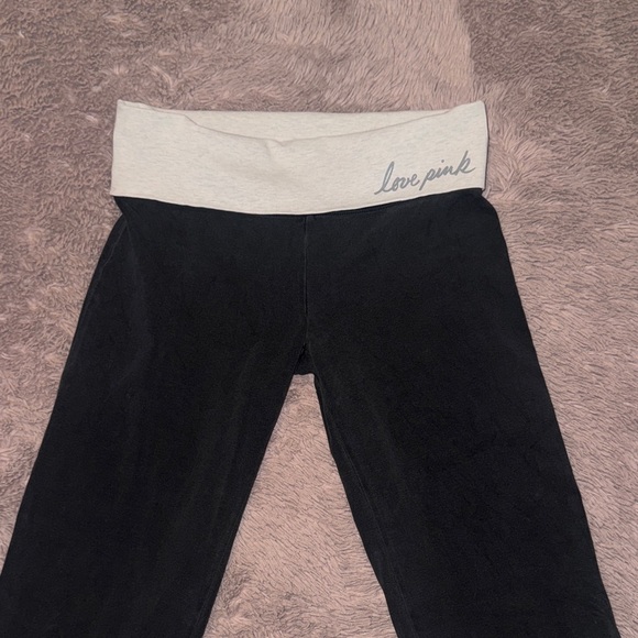 PINK Victoria's Secret Black Leggings Light Gray Waistband Love Pink Yoga Tights - Picture 2 of 5